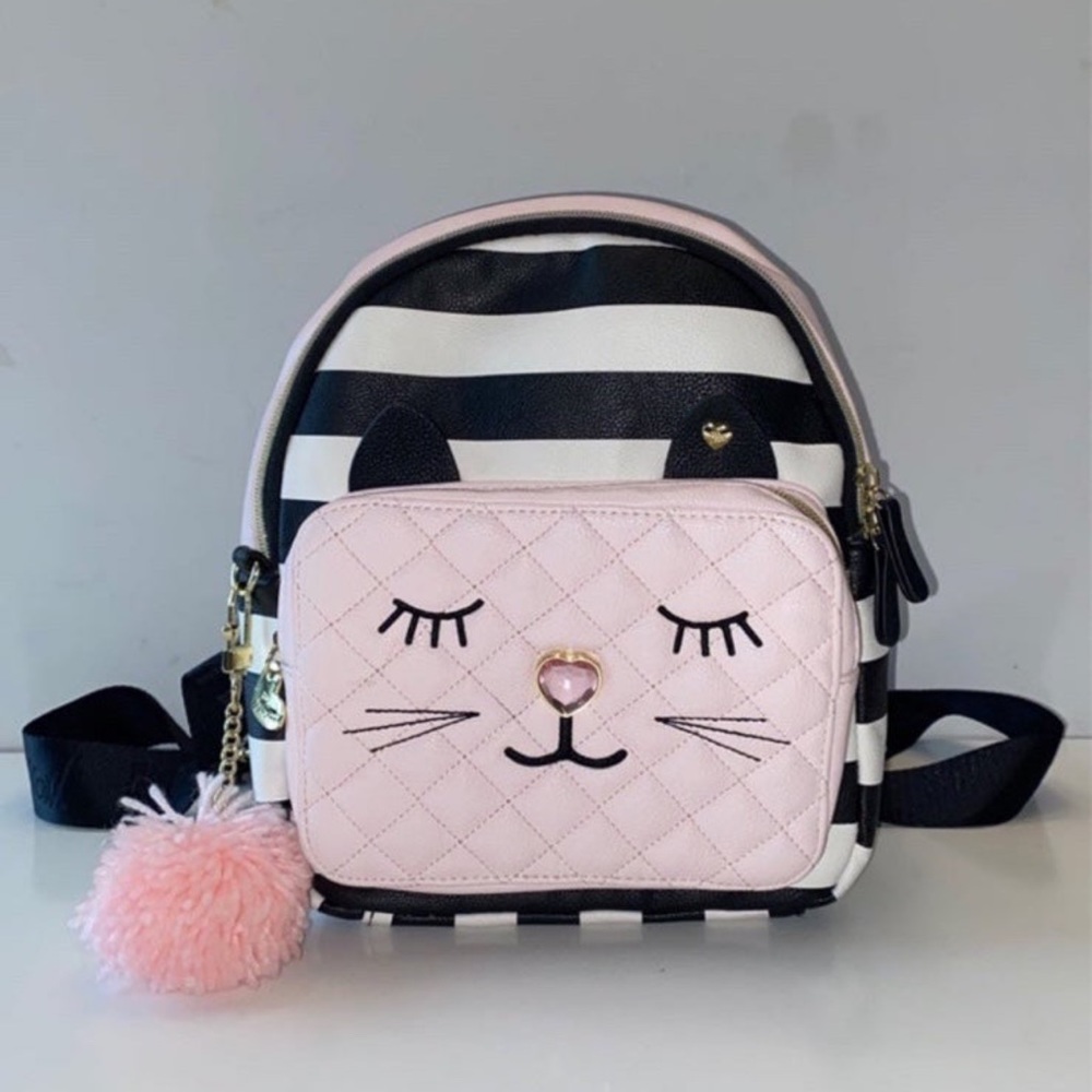 Betsey Johnson pink with black and white striped kitty backpack